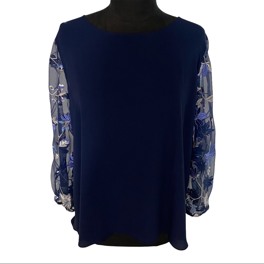 Navy Blouse With Embroidered Floral Sleeves NWT